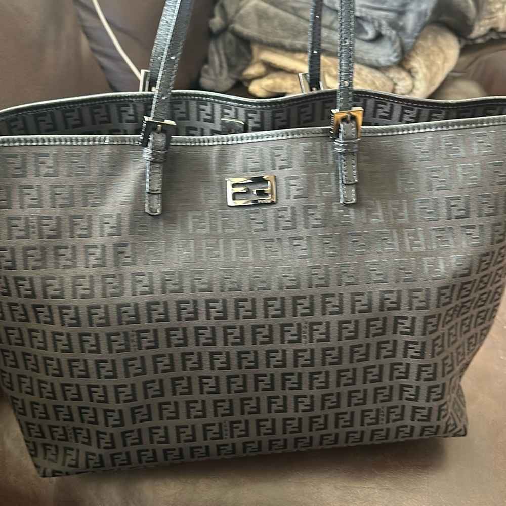 AUTHENTIC Black Fendi zucca tote bag with black leather straps